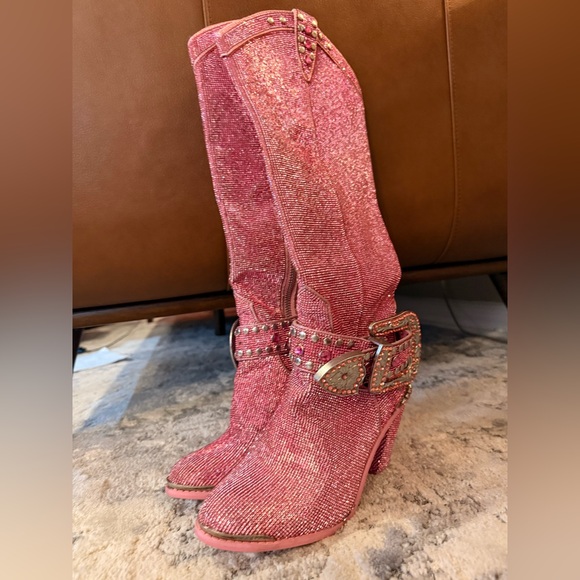 (Out of Stock Online) Dolls Kill-Pink SHERIFF Shine Knee High Cowboy Boots - Picture 16 of 16